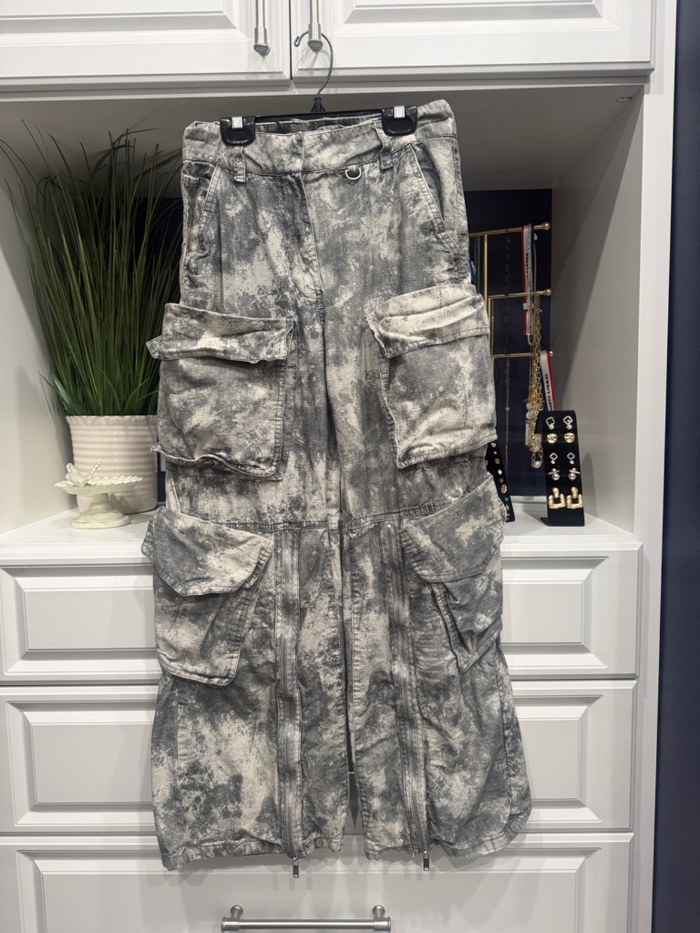 Zara Gray Tie-Dye Cargo Pants with Multiple Pockets and zipper Euro Small